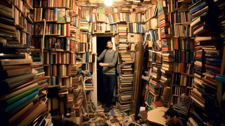 An AI generated photo of a man walking into a closety full of books.